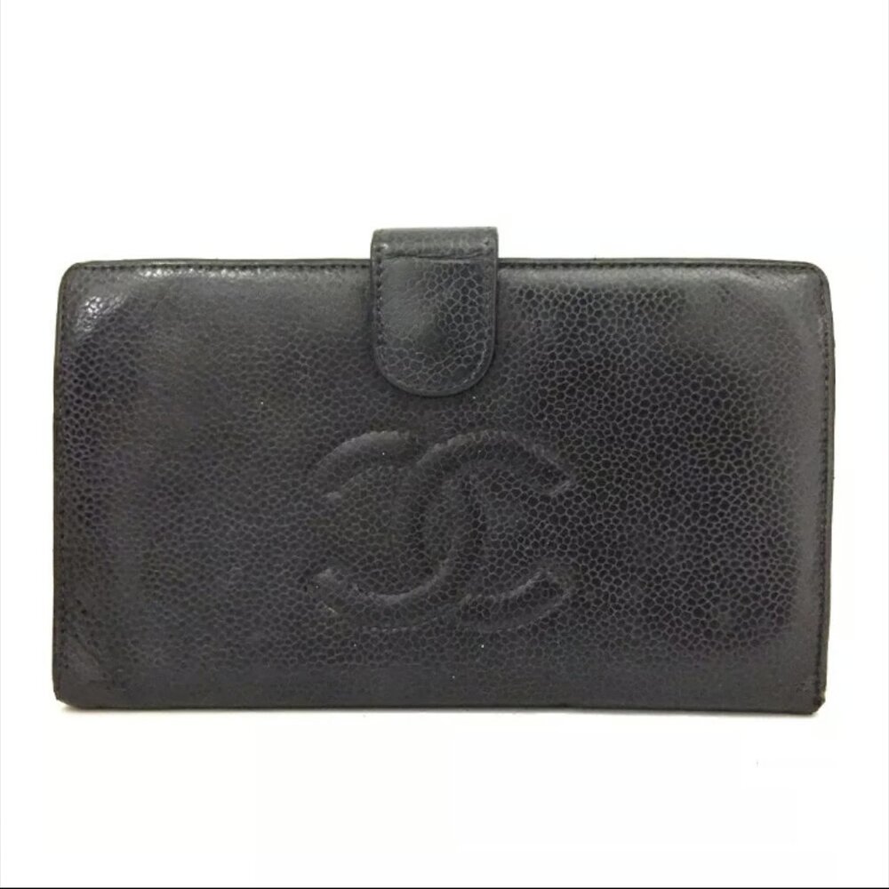 AUTHENTIC CHANEL CC LOGO GRAINED CALF SKIN LONG BIFOLD WALLET WITH COIN PURSE
